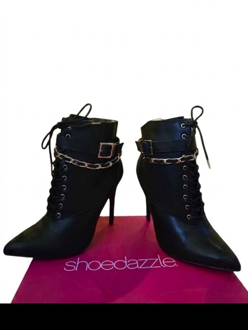 Shoe Dazzle Black Pointed Lace-Up Chain Ankle Booties